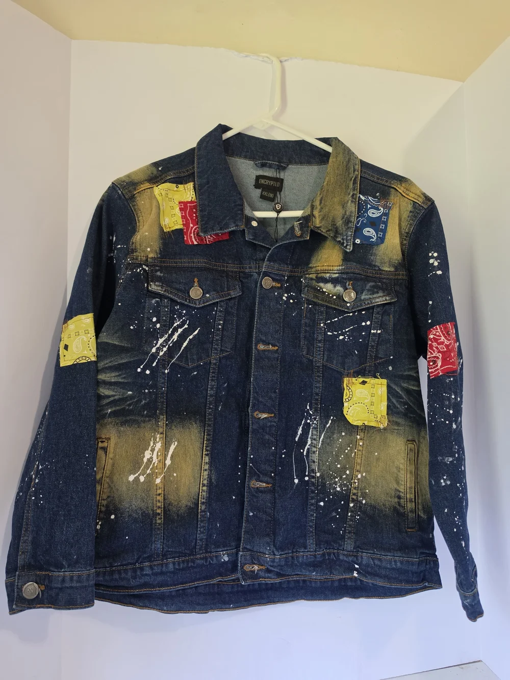 Kids Dark Blue Denim Jacket with Colorful Bandana Patches